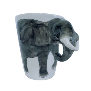 World Market 3D Elephant Trunk Tusks White Ceramic Handle Coffee Mug Cup 12 oz